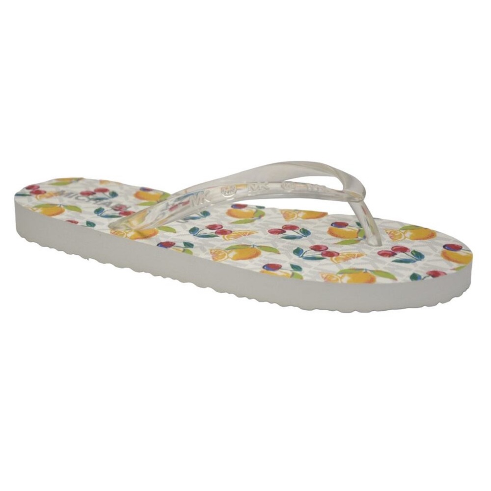 Michael Kors MK Logo Flip Flop Fruit Print Thong Sandal Slide White Nwt Sz 9